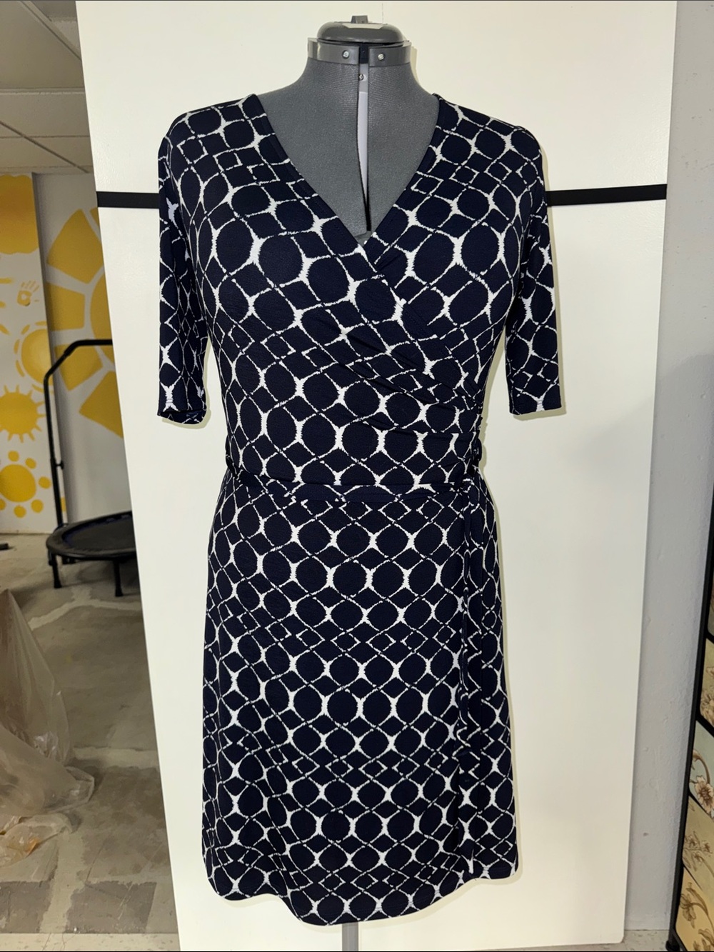 Gilli Navy and White Geo Wrap-Style Midi Dress